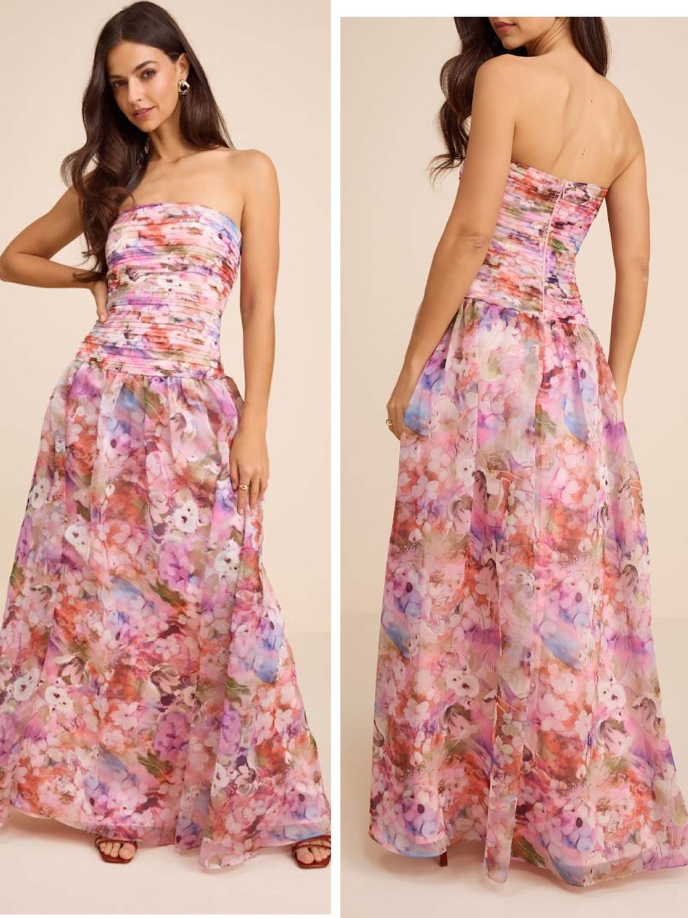 Lulus Kasandra Pink Multi Floral Organza Drop Waist Maxi Dress Size XL Strapless
